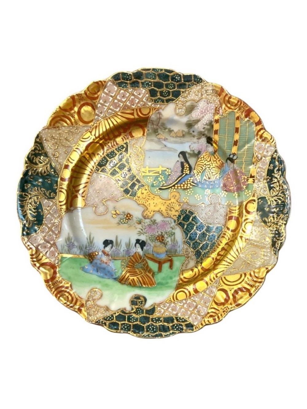 Rare IE & Co Satsuma Kutani Style 7.5” Geisha Plate Japan Hand Painted Gold Gilt